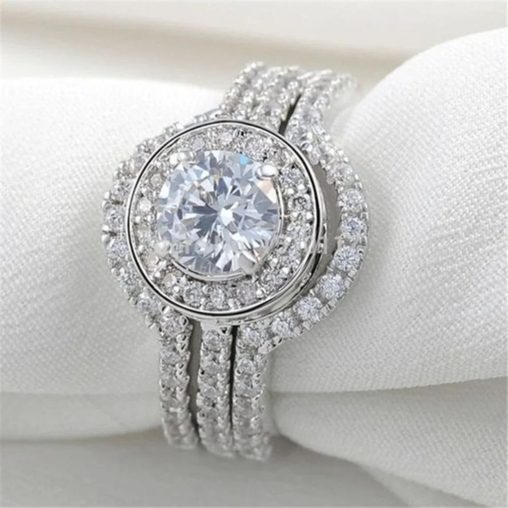 925SILVER CZ ROUND SHINY RING CENTER SET OF 3 PCS - Picture 3 of 5